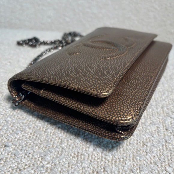 Authentic Chanel Gold Bronze Metallic Caviar Timeless Wallet on Chain Double CC - Picture 12 of 13
